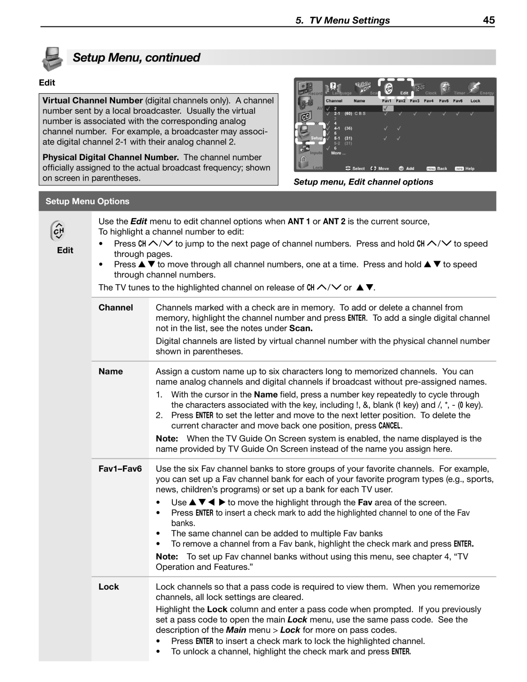 Mitsubishi Electronics WD-57833 manual Setup menu, Edit channel options, Channel, Name, Lock 