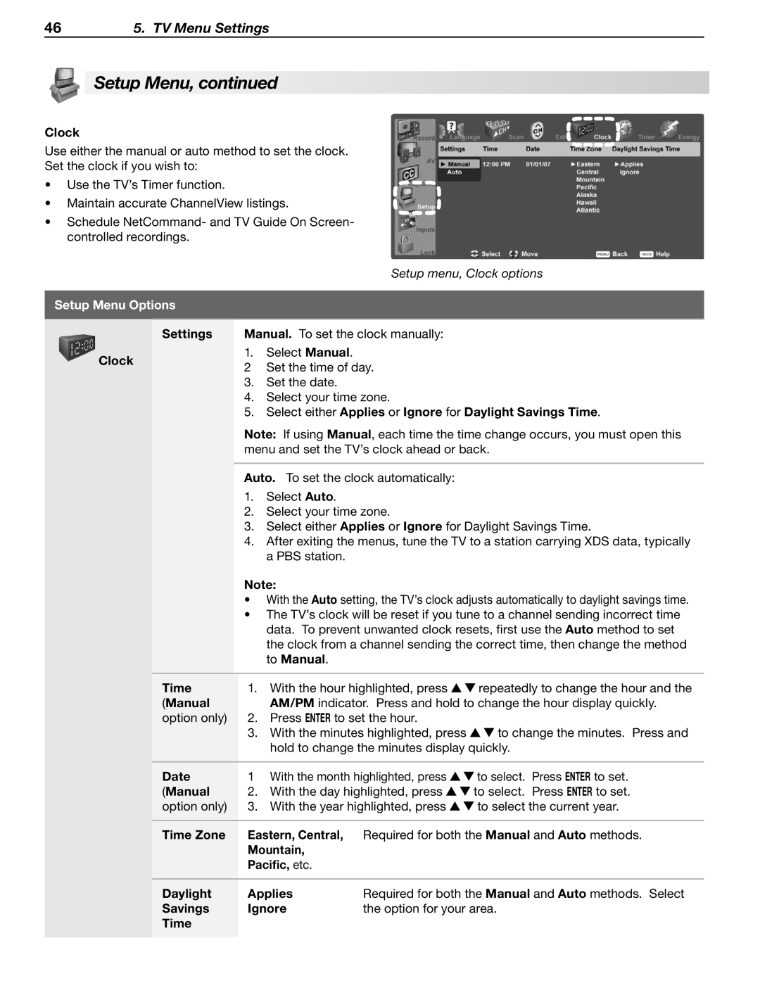 Mitsubishi Electronics WD-57833 manual Settings, Clock, Select either Applies or Ignore for Daylight Savings Time 