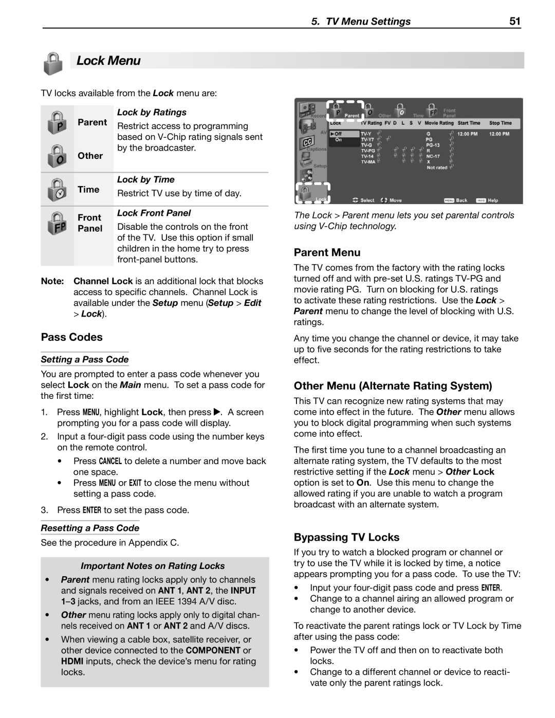 Mitsubishi Electronics WD-57833 Lock Menu, Pass Codes, Parent Menu, Other Menu Alternate Rating System, Bypassing TV Locks 