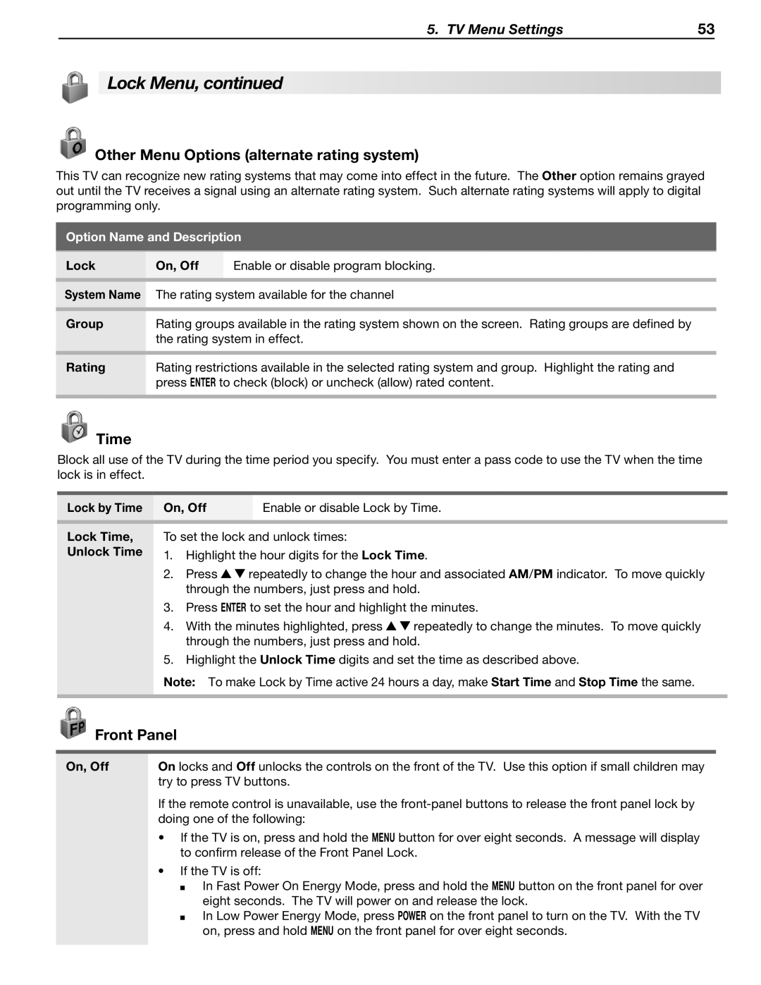 Mitsubishi Electronics WD-57833 manual Other Menu Options alternate rating system, Time, Front Panel 