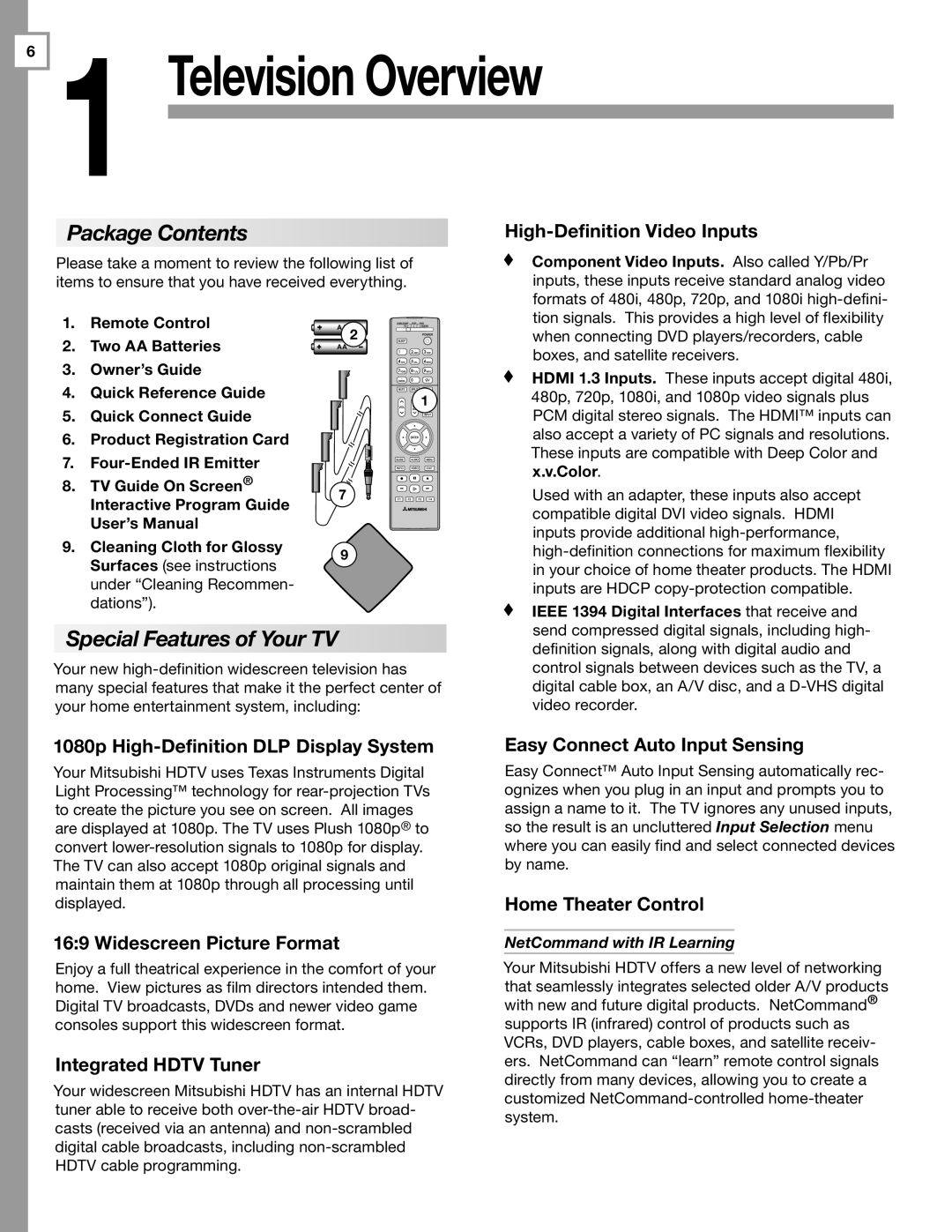 Mitsubishi Electronics WD-57833 manual Package Contents, Special Features of Your TV 