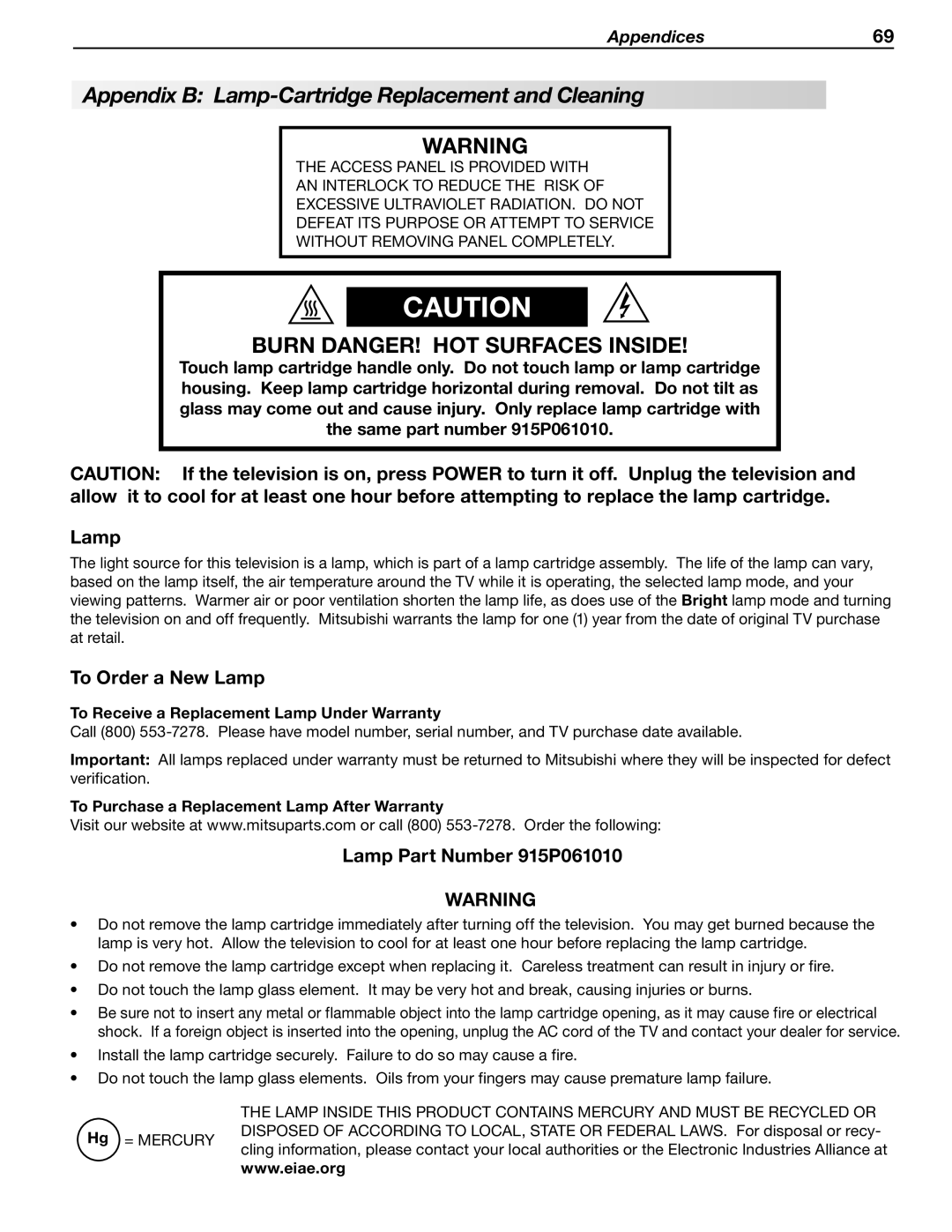 Mitsubishi Electronics WD-57833 manual Appendix B Lamp-Cartridge Replacement and Cleaning, To Order a New Lamp 