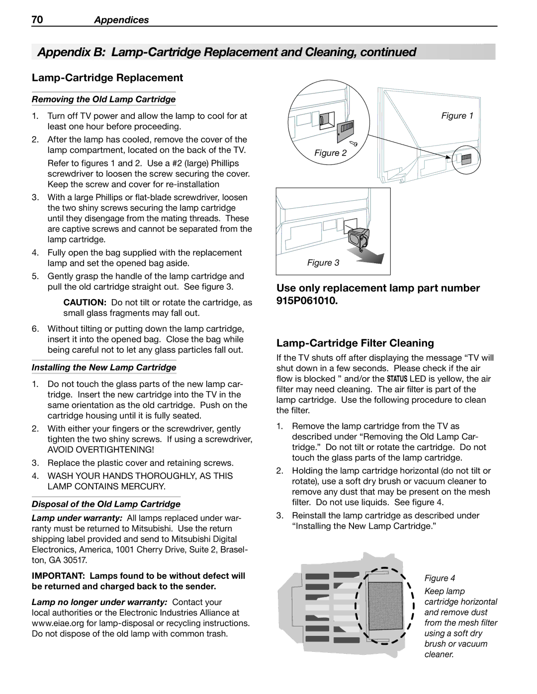 Mitsubishi Electronics WD-57833 manual Lamp-Cartridge Replacement, Removing the Old Lamp Cartridge 