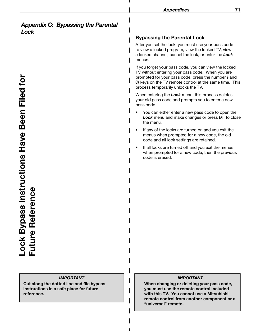 Mitsubishi Electronics WD-57833 manual Appendix C Bypassing the Parental Lock 