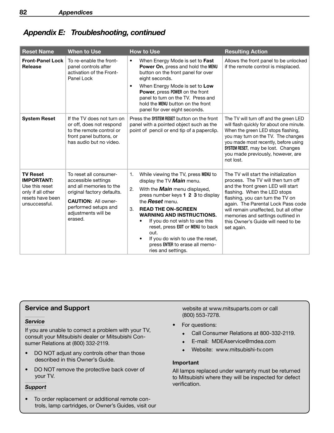 Mitsubishi Electronics WD-57833 manual Service and Support 