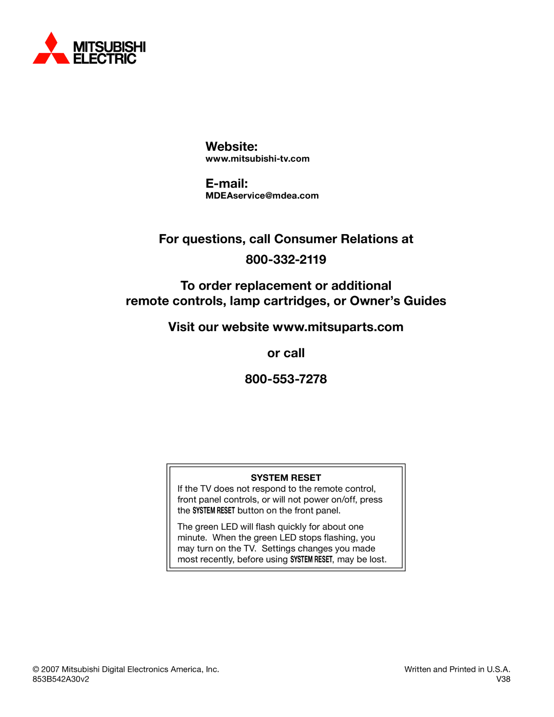 Mitsubishi Electronics WD-57833 manual MDEAservice@mdea.com, System Reset 