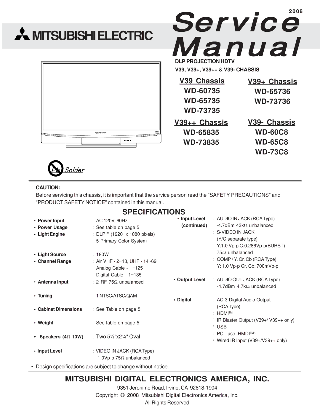 Mitsubishi Electronics WD-52527, WD-60C8, WD-65C8, WD-73C8 specifications Mitsubishielectric 