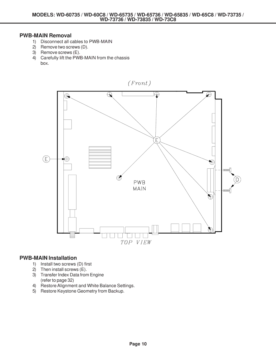 Mitsubishi Electronics WD-65C8, WD-60C8, WD-52527, WD-73C8 specifications PWB-MAIN Removal, PWB-MAIN Installation 