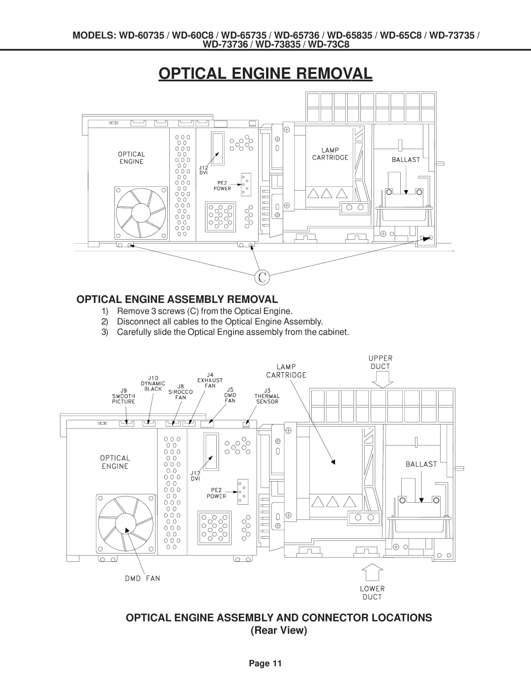 Mitsubishi Electronics WD-73C8 Optical Engine Assembly Removal, Optical Engine Assembly and Connector Locations, Rear View 