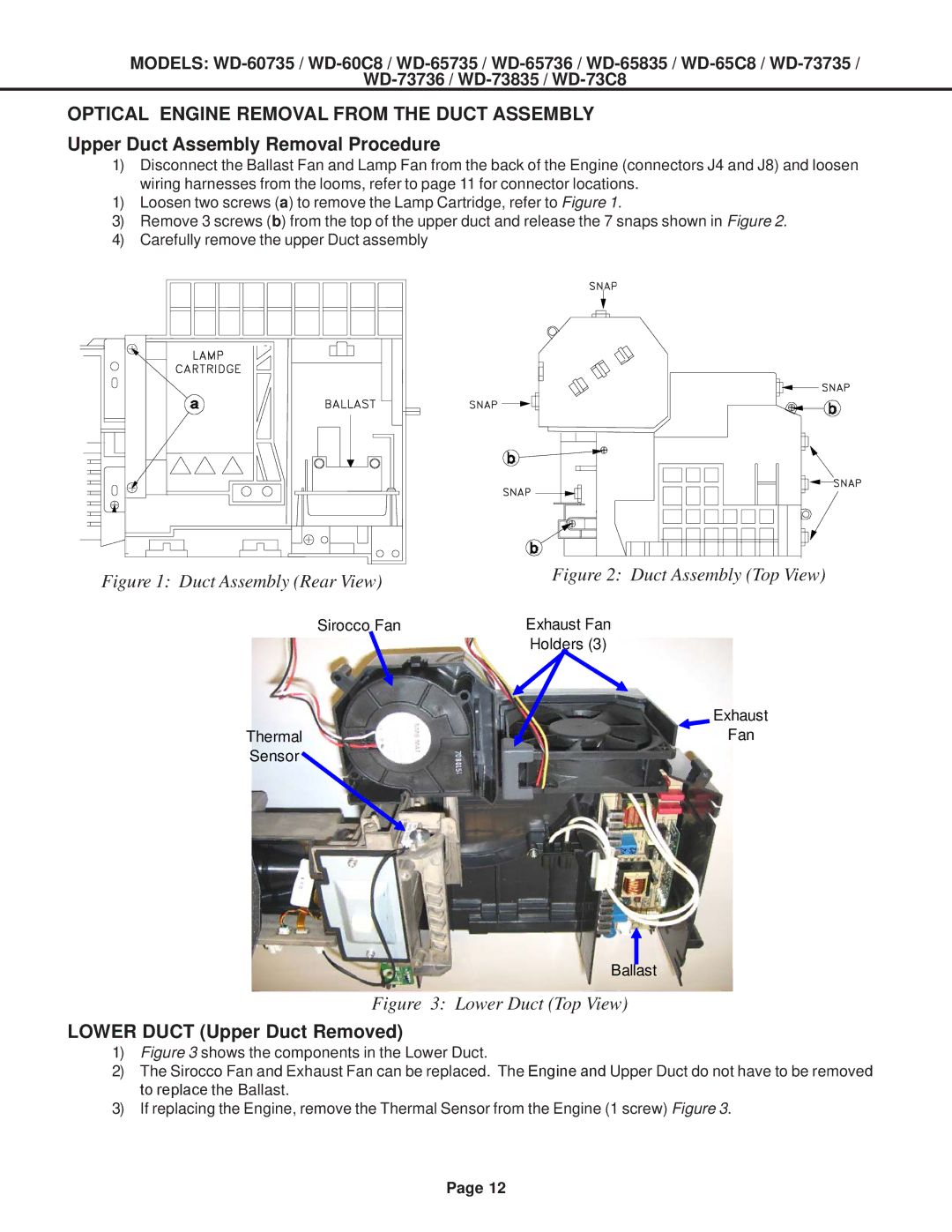 Mitsubishi Electronics WD-60C8 Optical Engine Removal from the Duct Assembly, Upper Duct Assembly Removal Procedure 