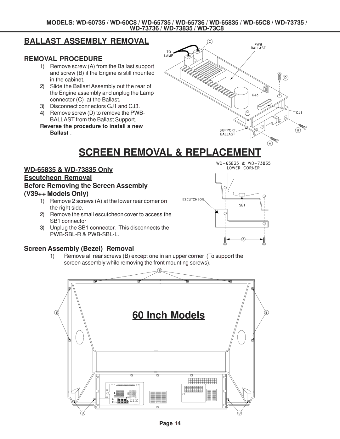 Mitsubishi Electronics WD-65C8, WD-60C8, WD-52527, WD-73C8 specifications Removal Procedure, Screen Assembly Bezel Removal 