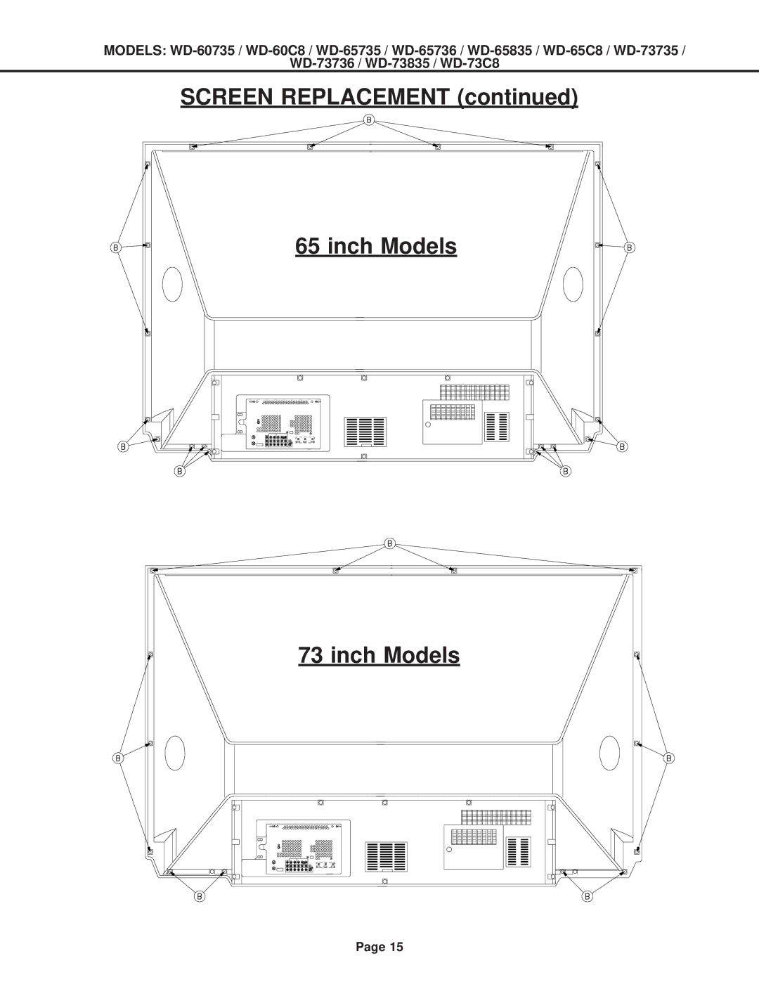 Mitsubishi Electronics WD-73C8, WD-60C8, WD-52527, WD-65C8 specifications Screen Replacement Inch Models 