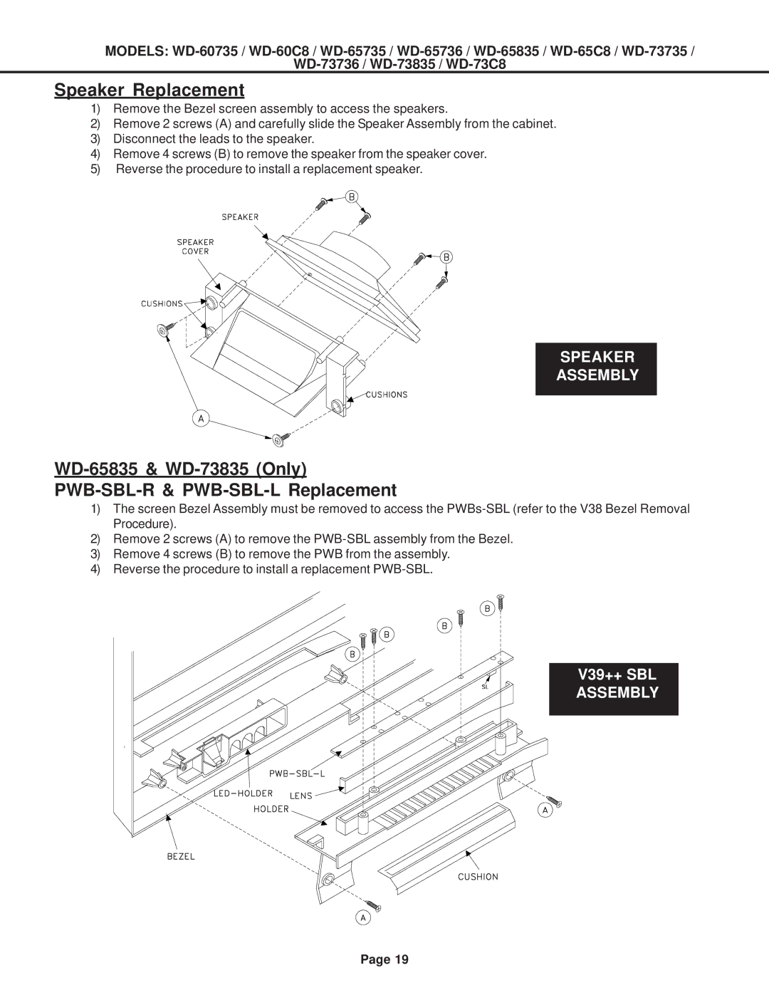 Mitsubishi Electronics WD-73C8, WD-60C8, WD-52527, WD-65C8 specifications Speaker Replacement 