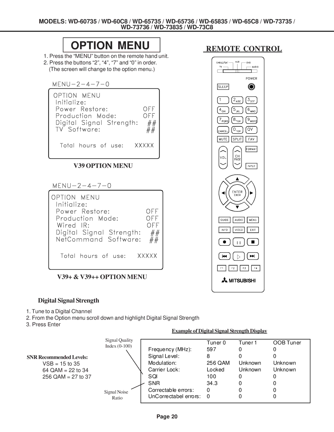 Mitsubishi Electronics WD-60C8, WD-52527, WD-65C8, WD-73C8 specifications Option Menu 