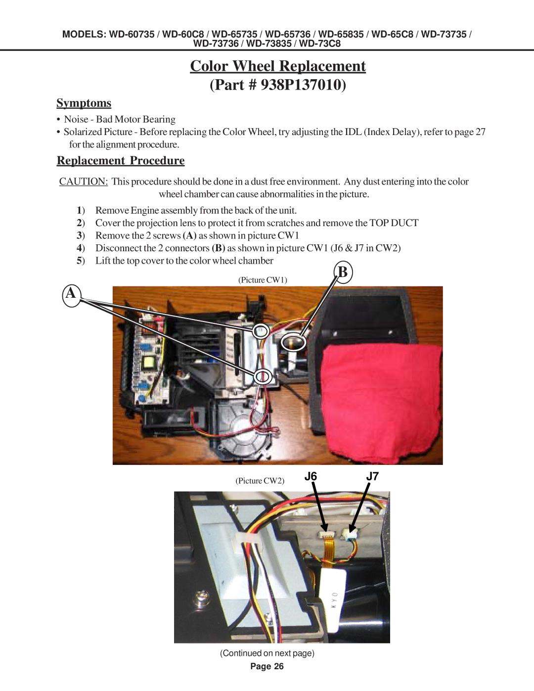 Mitsubishi Electronics WD-65C8, WD-60C8, WD-52527, WD-73C8 specifications Color Wheel Replacement 938P137010 