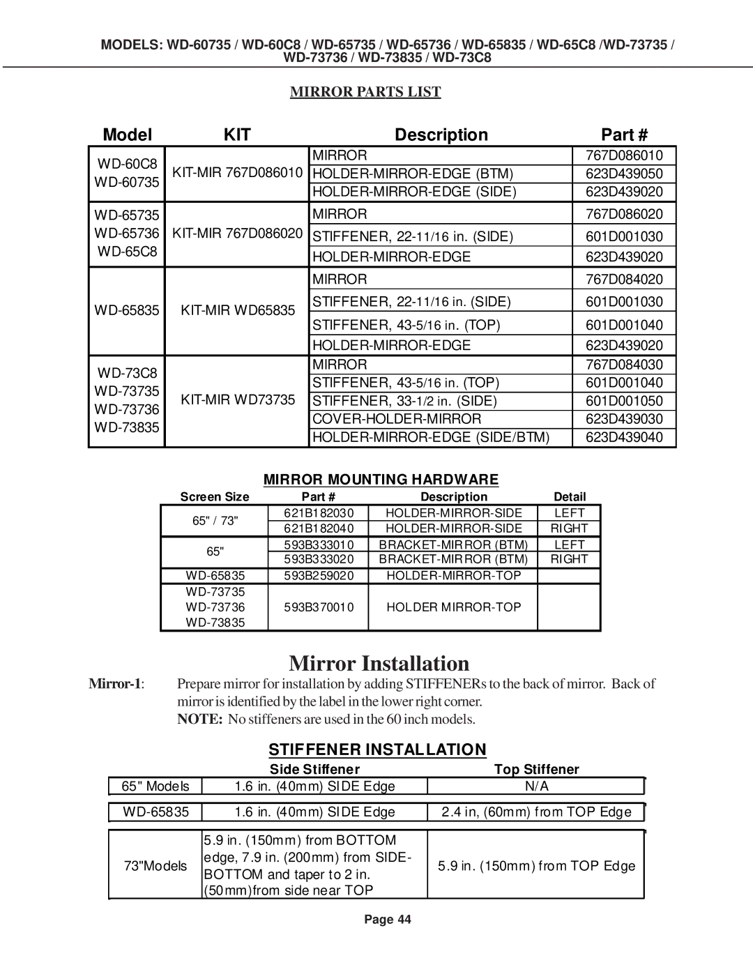 Mitsubishi Electronics WD-60C8, WD-52527, WD-65C8, WD-73C8 specifications Mirror Installation 