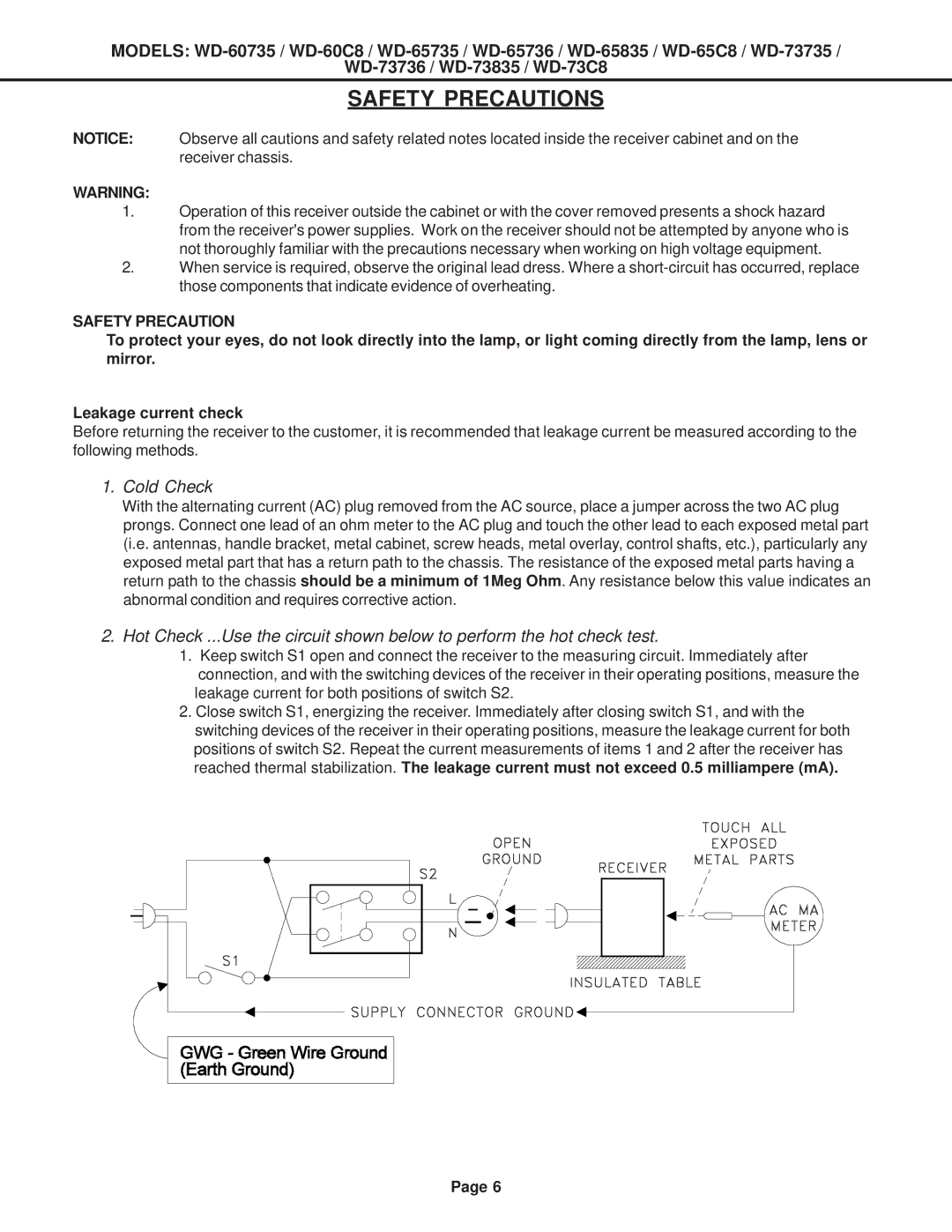 Mitsubishi Electronics WD-65C8, WD-60C8, WD-52527, WD-73C8 specifications Safety Precautions 