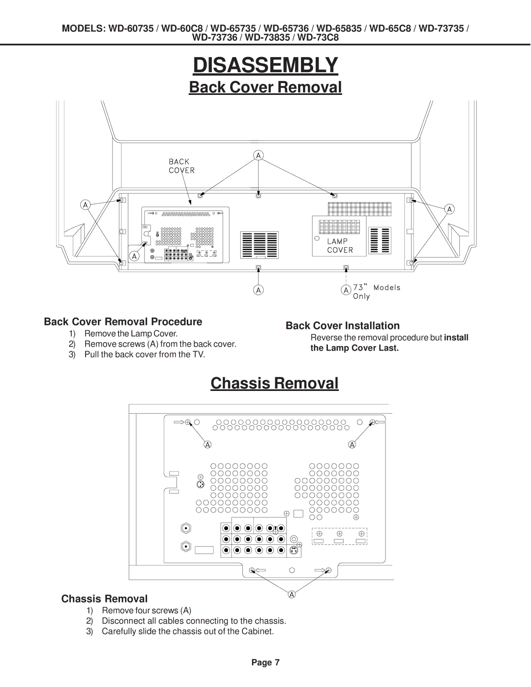 Mitsubishi Electronics WD-73C8, WD-60C8, WD-52527 Back Cover Removal Procedure, Back Cover Installation, Chassis Removal 