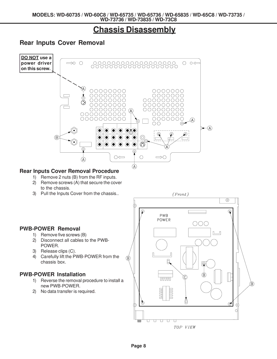 Mitsubishi Electronics WD-60C8, WD-52527 Rear Inputs Cover Removal Procedure, PWB-POWER Removal, PWB-POWER Installation 