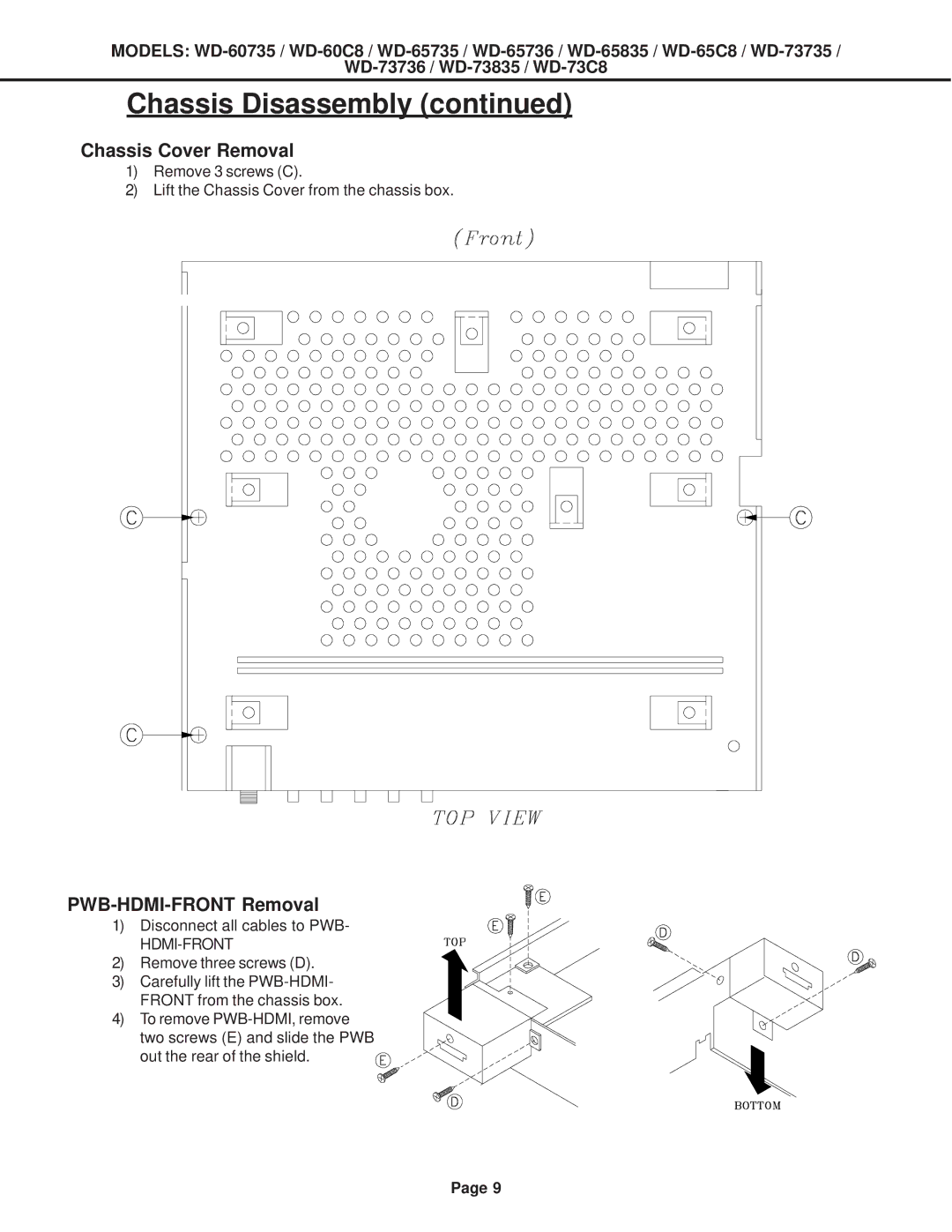 Mitsubishi Electronics WD-52527, WD-60C8, WD-65C8, WD-73C8 specifications Chassis Cover Removal, PWB-HDMI-FRONT Removal 