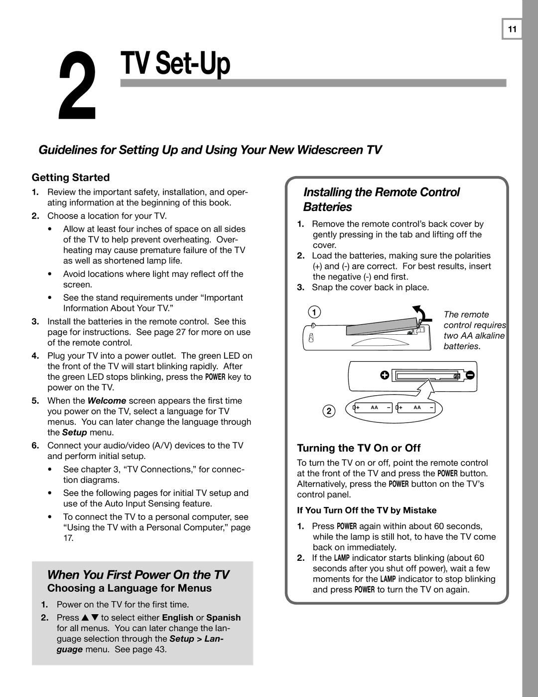 Mitsubishi Electronics WD-60C8 Guidelines for Setting Up and Using Your New Widescreen TV, When You First Power On the TV 
