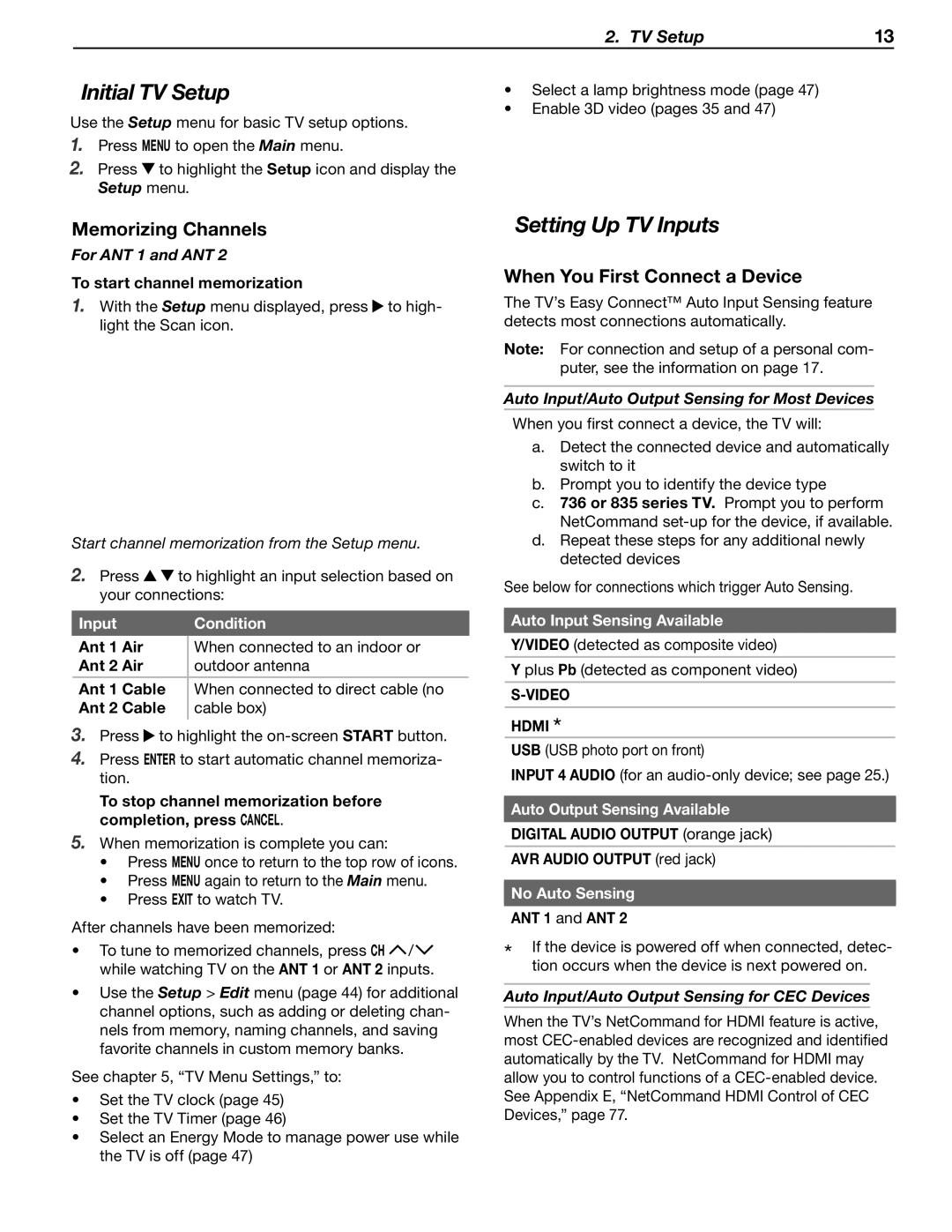 Mitsubishi Electronics WD-60C8 manual Initial TV Setup, Setting Up TV Inputs, Memorizing Channels 