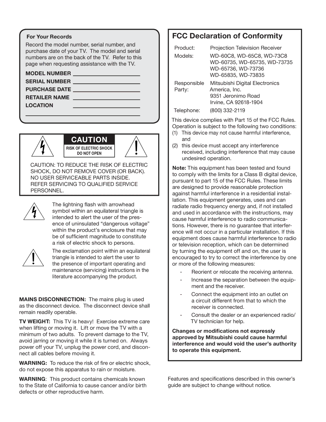 Mitsubishi Electronics WD-60C8 manual For Your Records, Refer Servicing to Qualified Service Personnel 