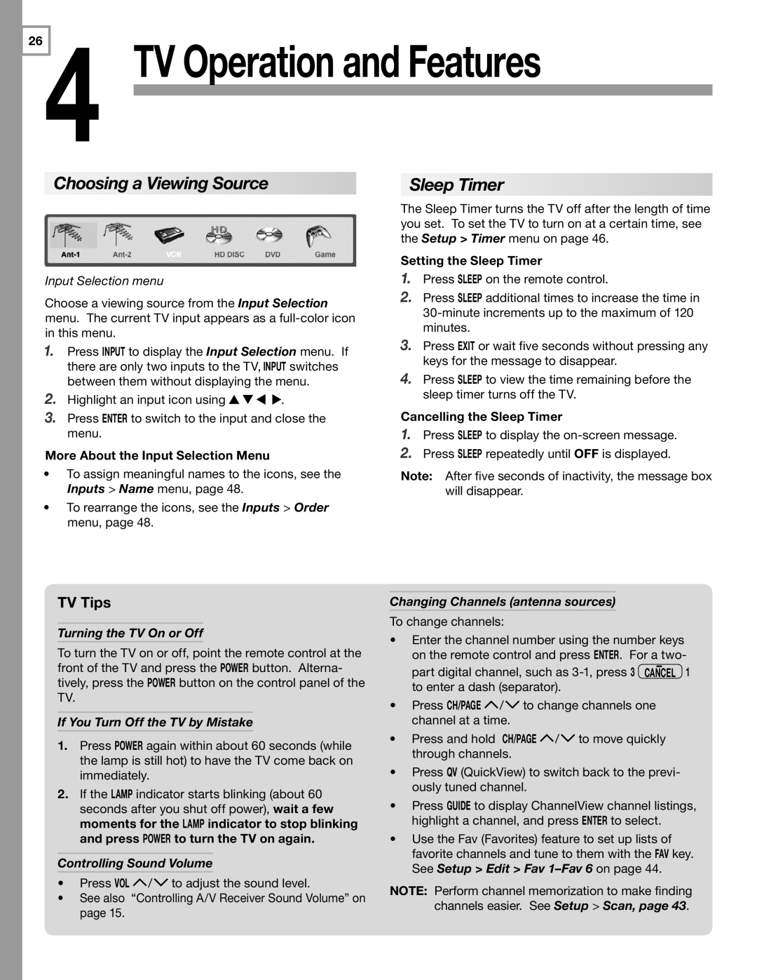 Mitsubishi Electronics WD-60C8 manual Choosing a Viewing Source, Sleep Timer, TV Tips 