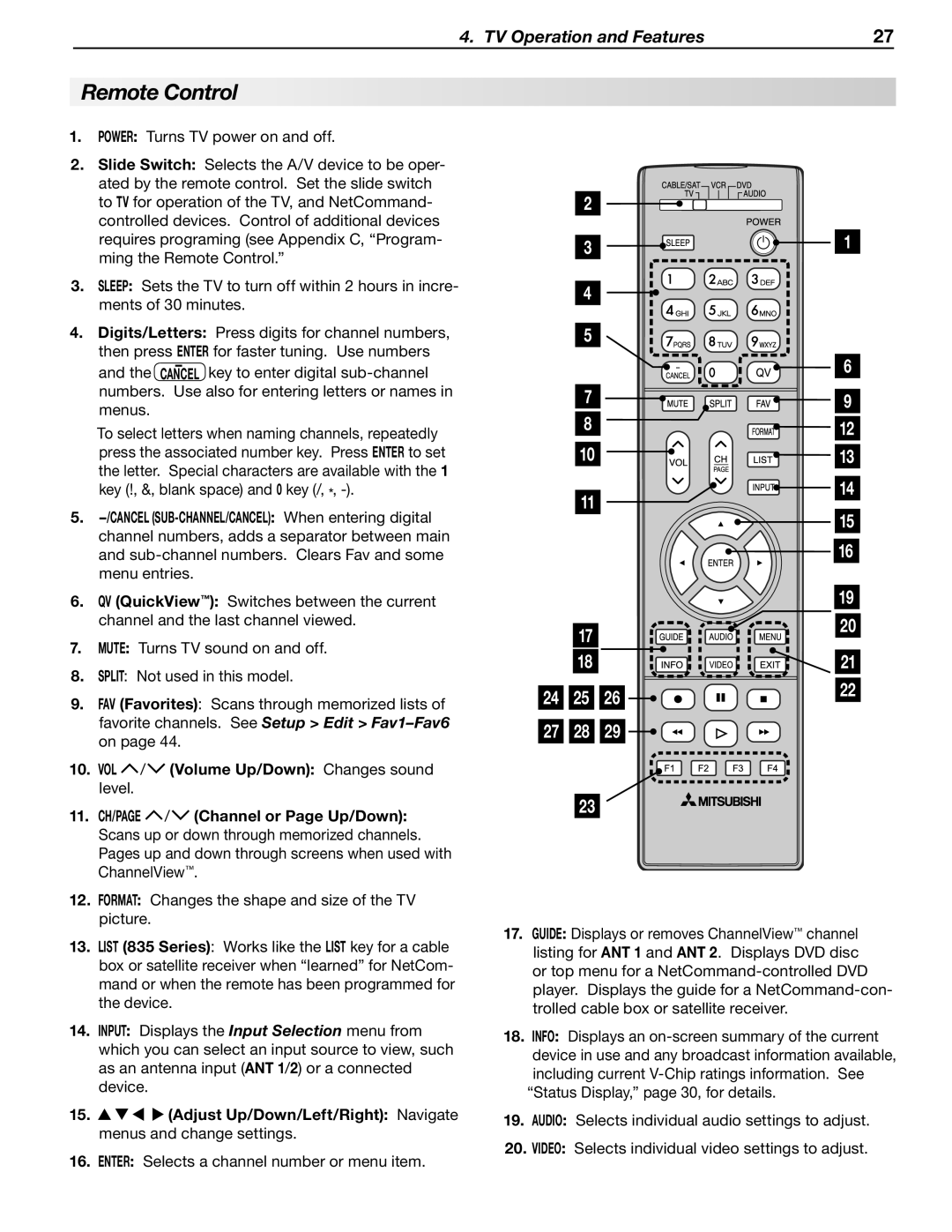 Mitsubishi Electronics WD-60C8 manual Remote Control, Adjust Up/Down/Left/Right Navigate menus and change settings 
