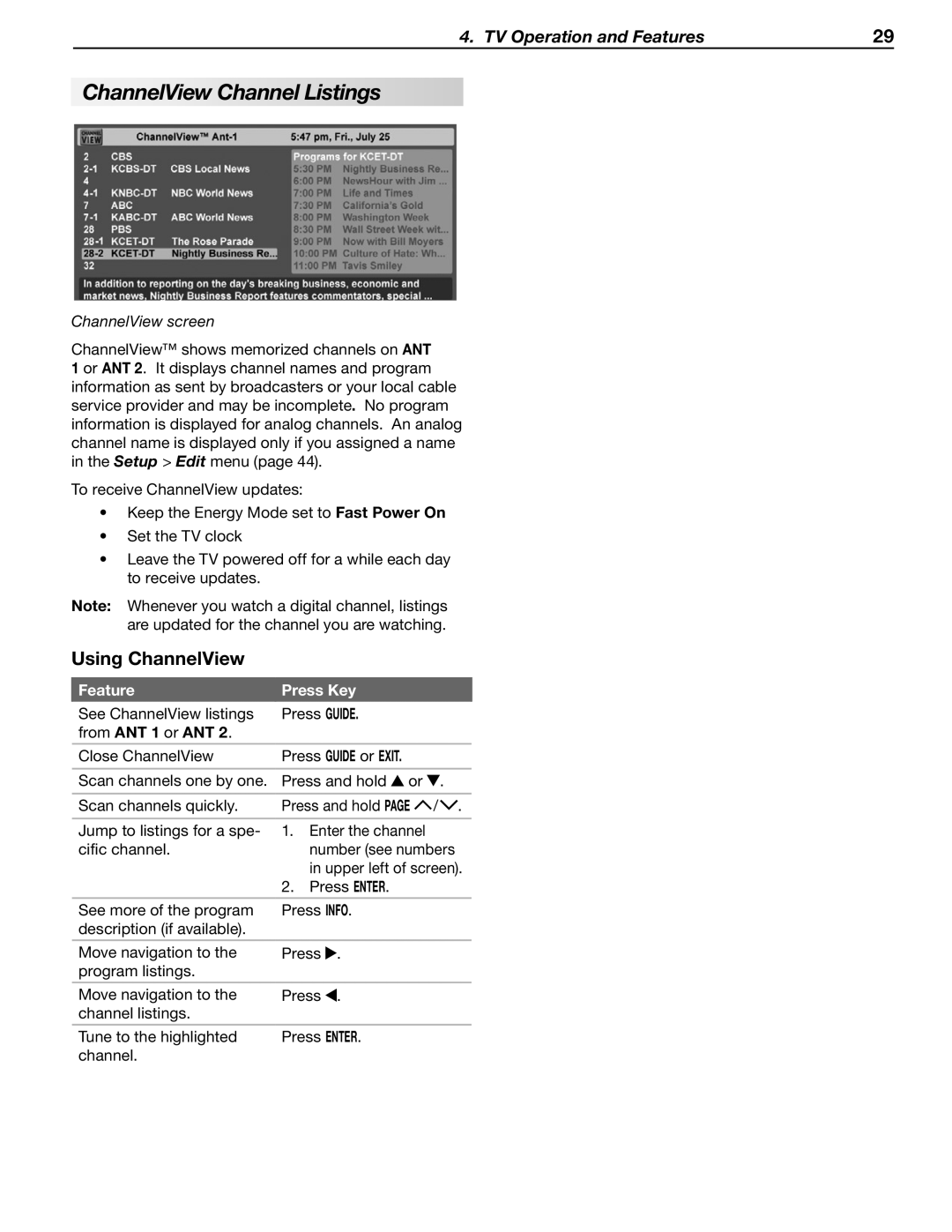 Mitsubishi Electronics WD-60C8 ChannelView Channel Listings, Using ChannelView, Feature, Press Key, Press Guide or Exit 