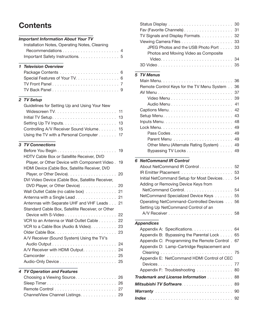 Mitsubishi Electronics WD-60C8 manual Contents 