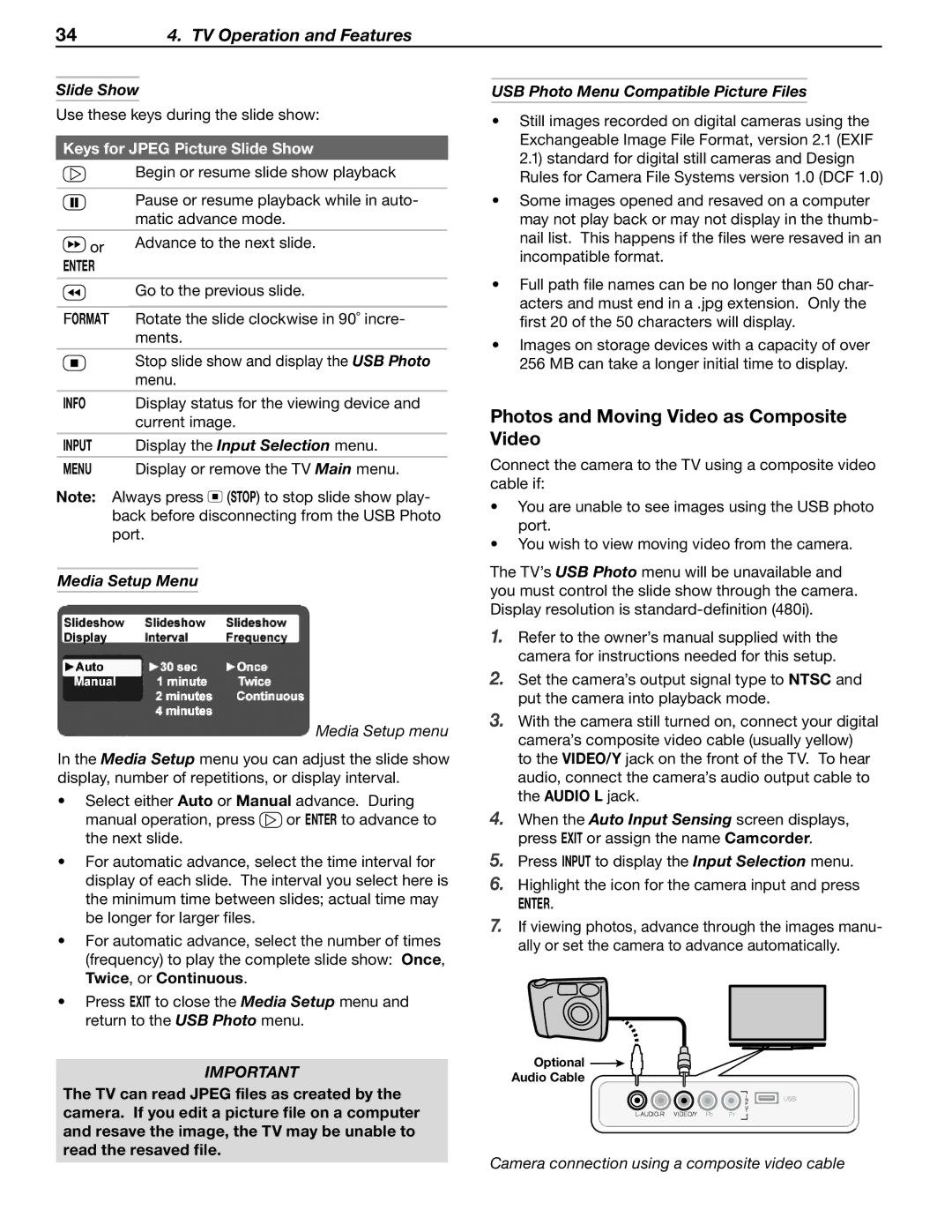 Mitsubishi Electronics WD-60C8 manual Photos and Moving Video as Composite Video, Keys for Jpeg Picture Slide Show 