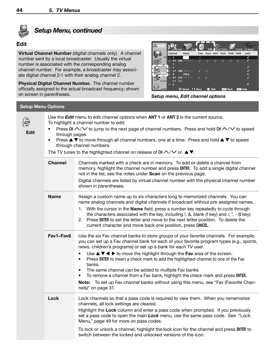 Mitsubishi Electronics WD-60C8 manual Setup menu, Edit channel options 