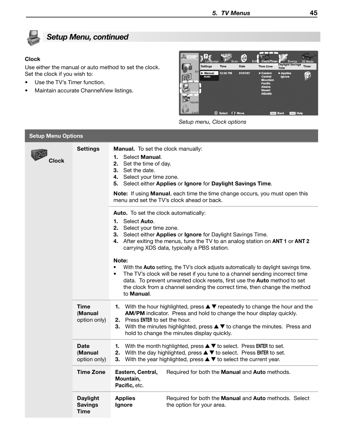 Mitsubishi Electronics WD-60C8 manual Setup menu, Clock options 