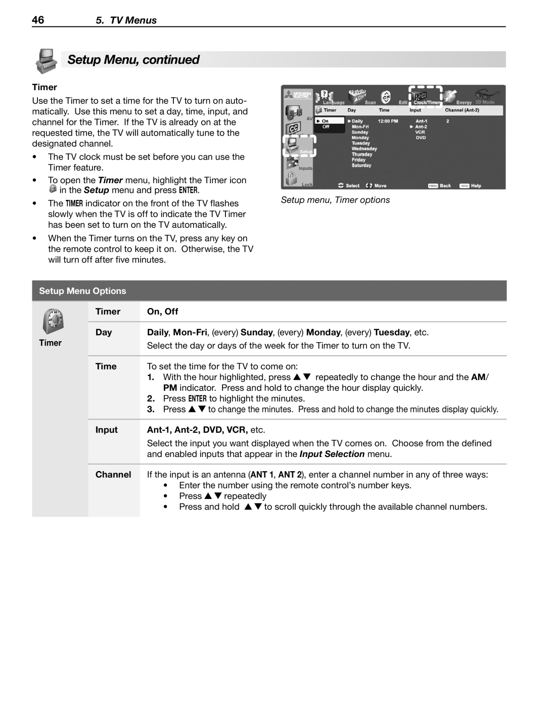 Mitsubishi Electronics WD-60C8 manual Setup menu, Timer options 