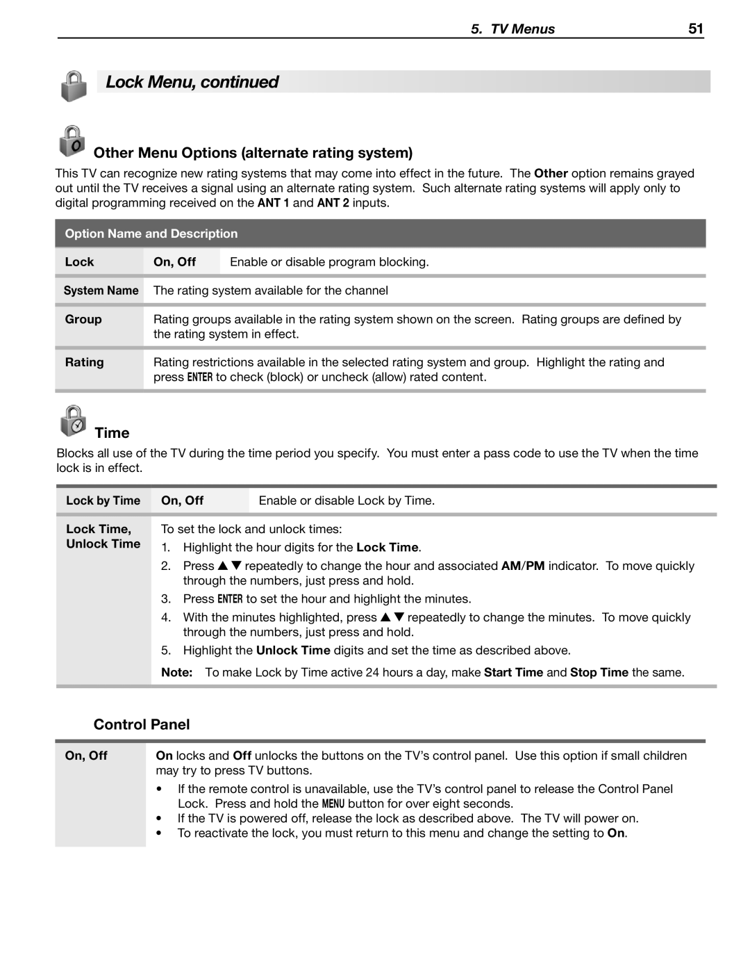 Mitsubishi Electronics WD-60C8 manual Other Menu Options alternate rating system, Time 