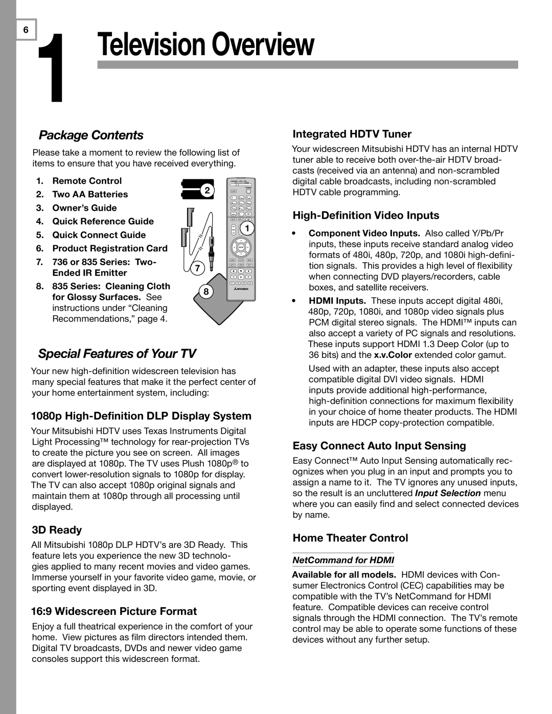 Mitsubishi Electronics WD-60C8 manual Package Contents, Special Features of Your TV 