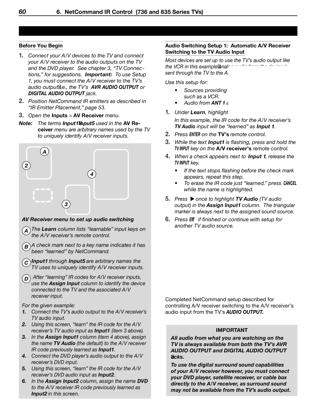 Mitsubishi Electronics WD-60C8 manual Open the Inputs AV Receiver menu, AV Receiver menu to set up audio switching 