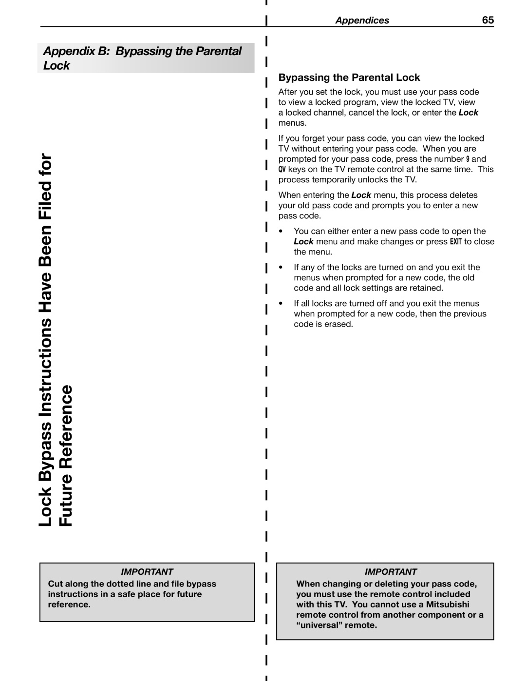 Mitsubishi Electronics WD-60C8 manual Appendix B Bypassing the Parental Lock 