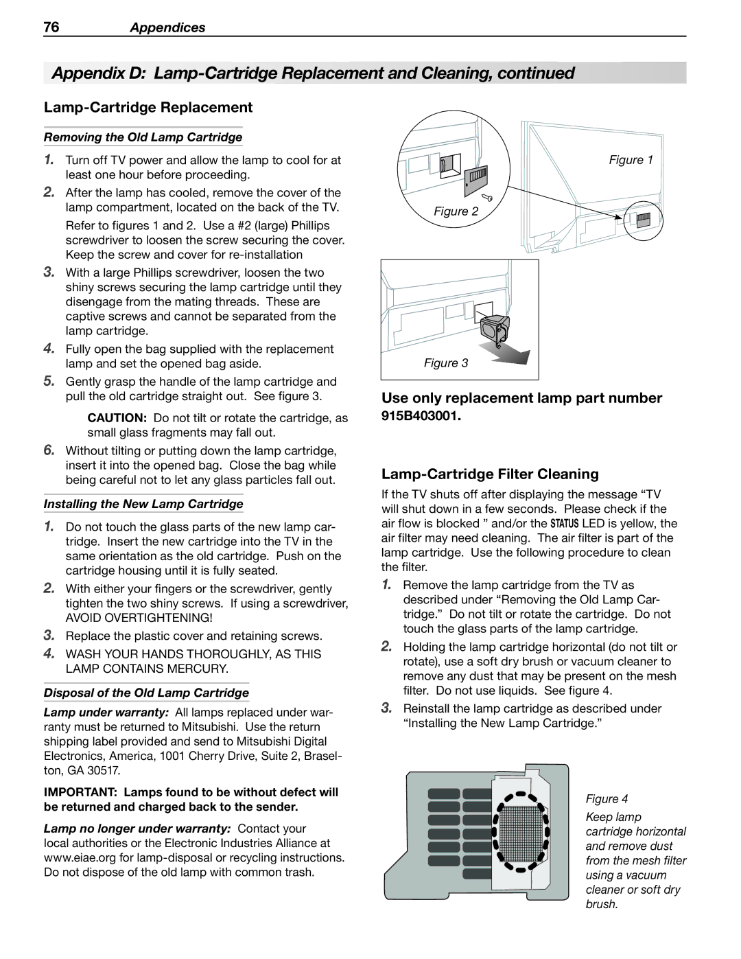 Mitsubishi Electronics WD-60C8 Lamp-Cartridge Replacement, Lamp-Cartridge Filter Cleaning, Removing the Old Lamp Cartridge 