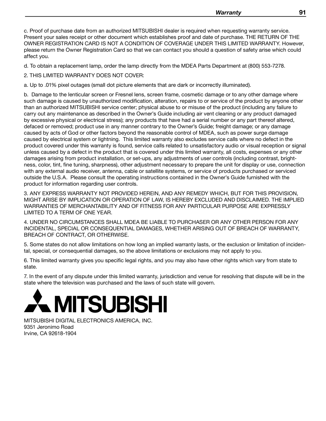 Mitsubishi Electronics WD-60C8 manual Warranty91 