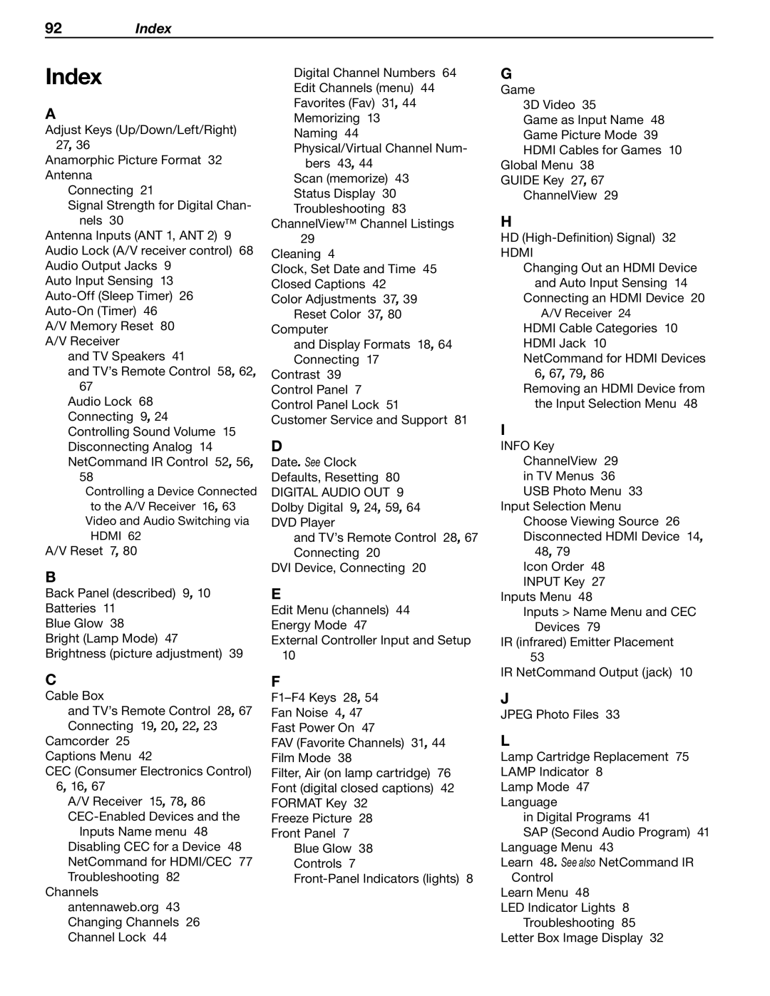 Mitsubishi Electronics WD-60C8 manual Index 