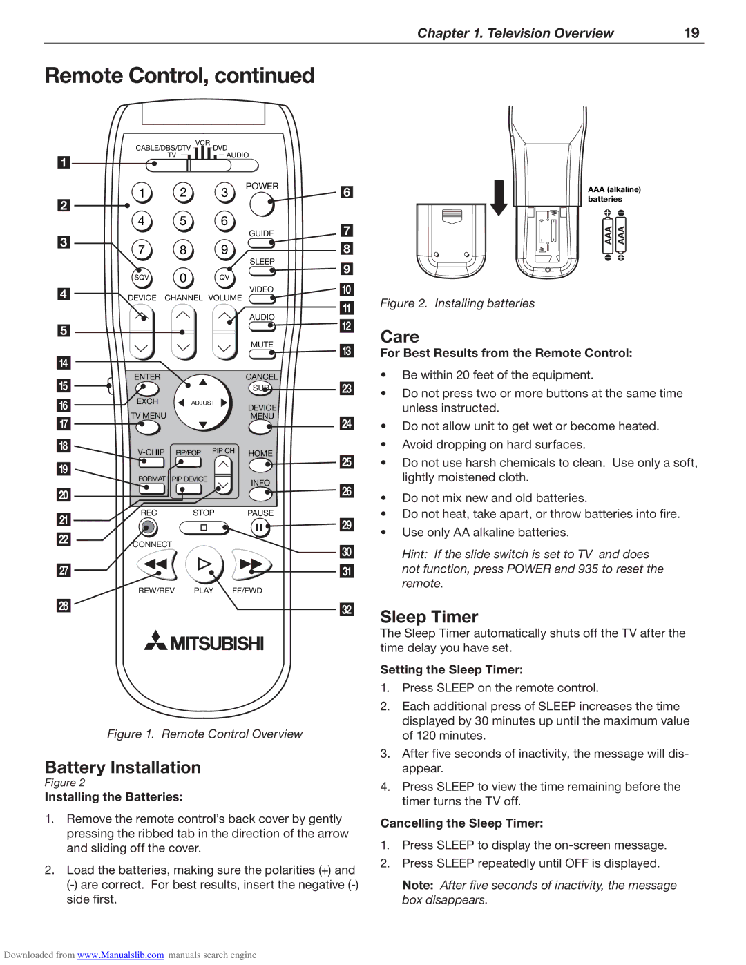 Mitsubishi Electronics WD-62526 manual Battery Installation, Care, Sleep Timer 