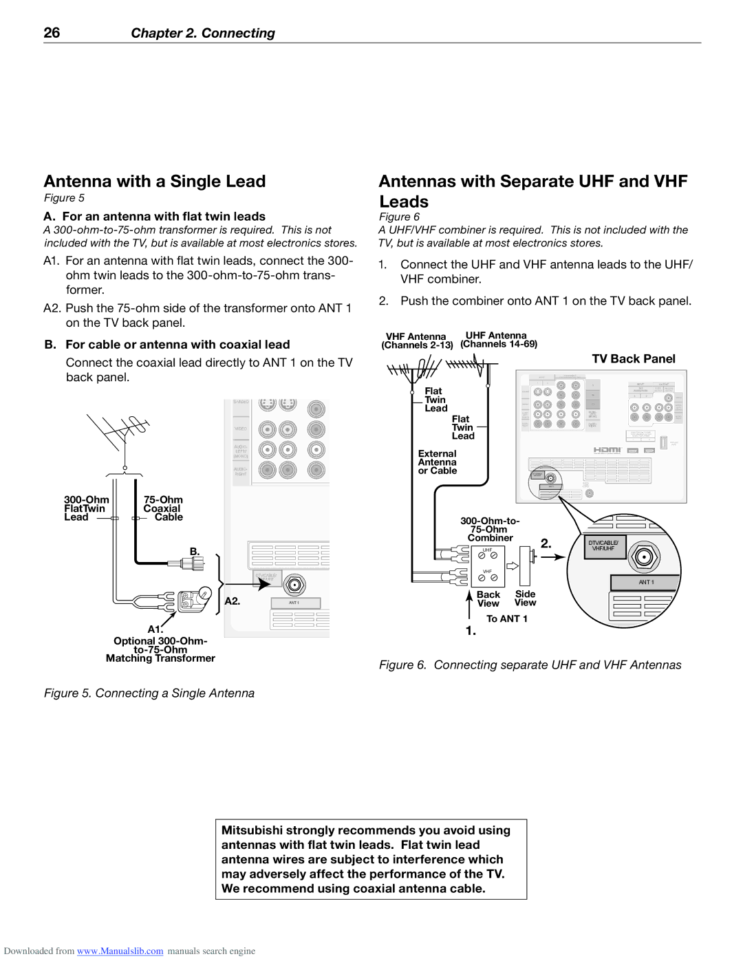 Mitsubishi Electronics WD-62526 manual Antenna with a Single Lead, Antennas with Separate UHF and VHF Leads 