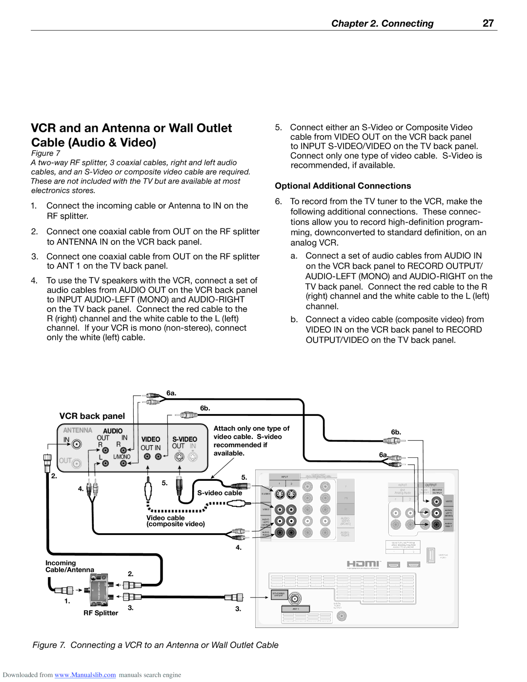 Mitsubishi Electronics WD-62526 VCR and an Antenna or Wall Outlet Cable Audio & Video, Optional Additional Connections 