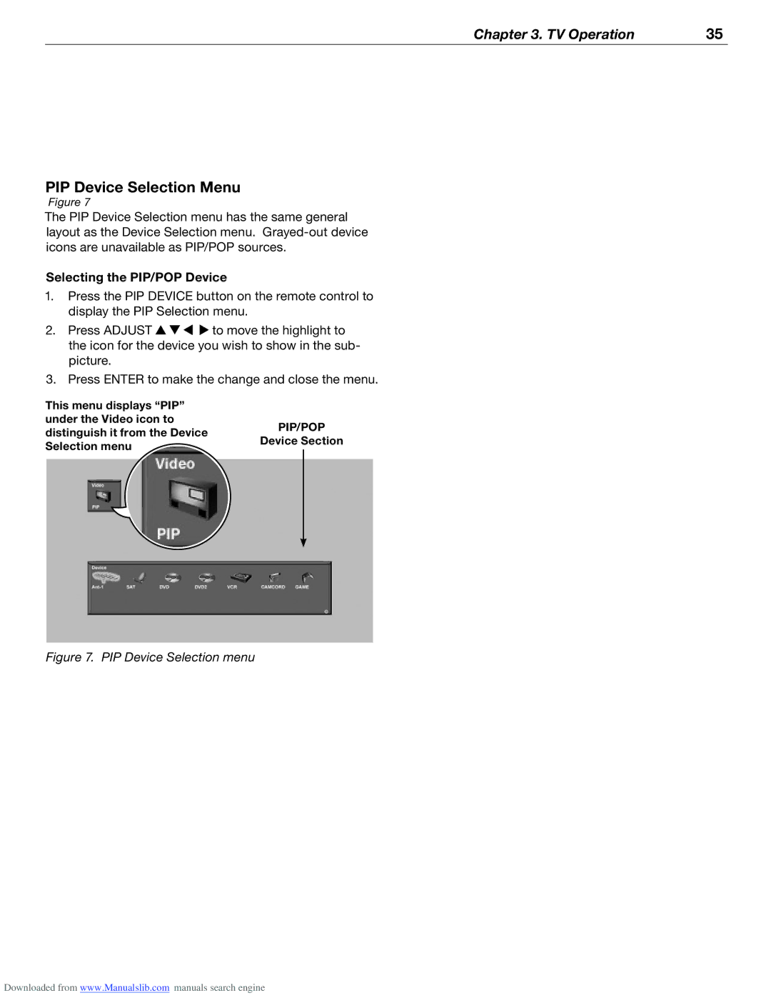 Mitsubishi Electronics WD-62526 manual PIP Device Selection Menu, Selecting the PIP/POP Device 