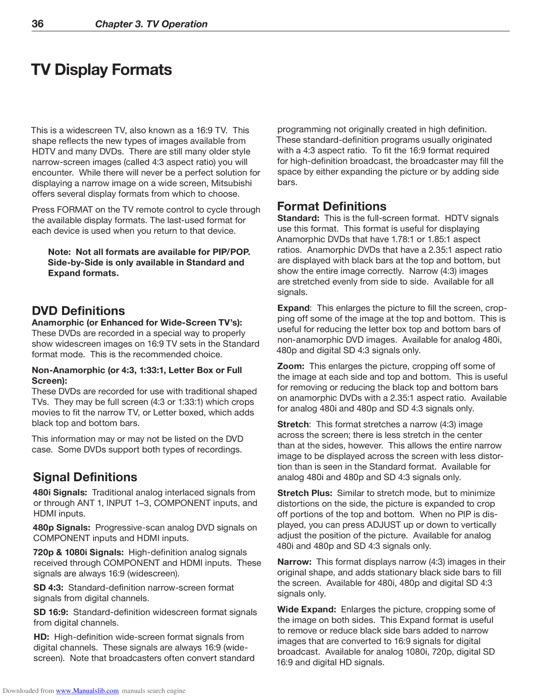 Mitsubishi Electronics WD-62526 manual TV Display Formats, DVD Definitions, Signal Definitions, Format Definitions 