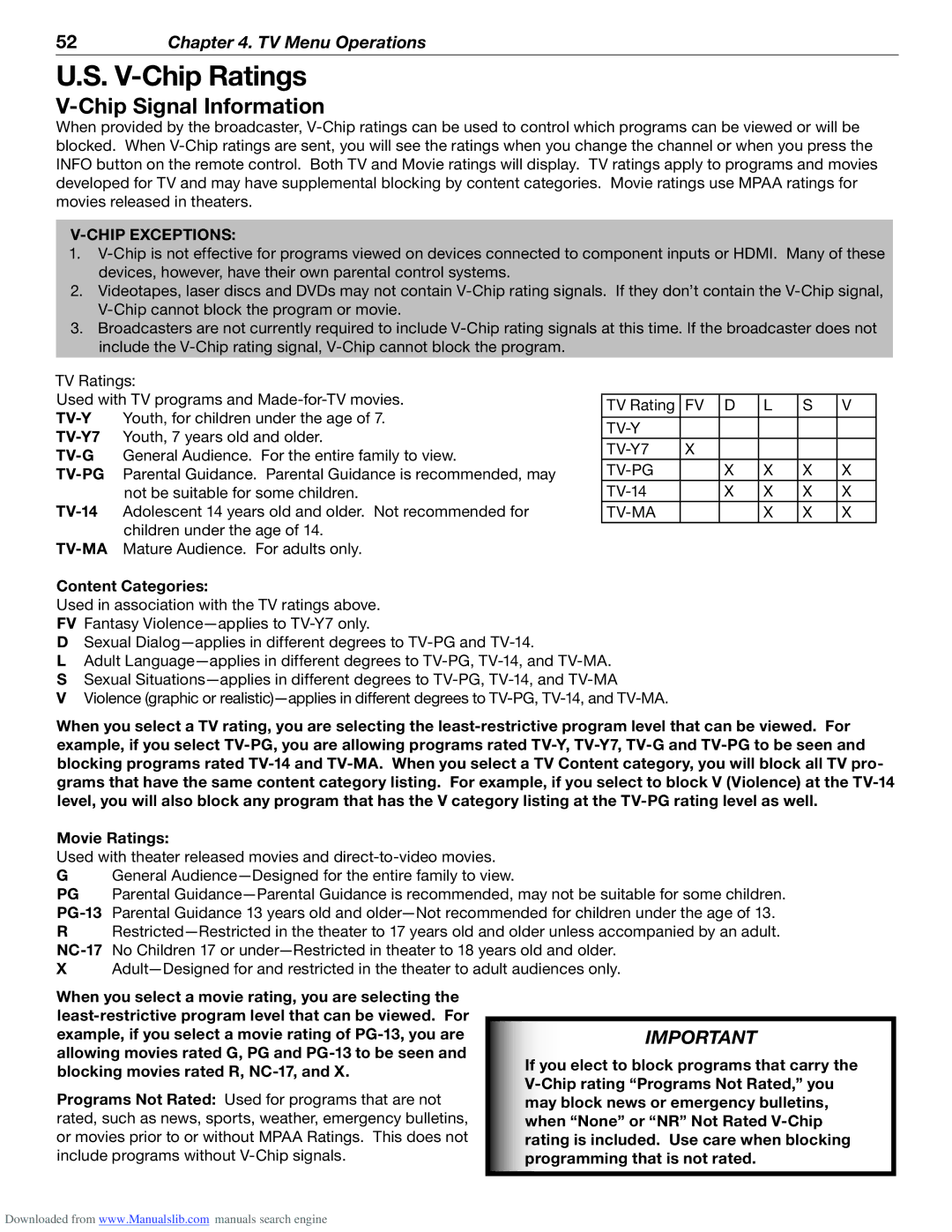 Mitsubishi Electronics WD-62526 manual V-Chip Ratings, Chip Signal Information, Content Categories 