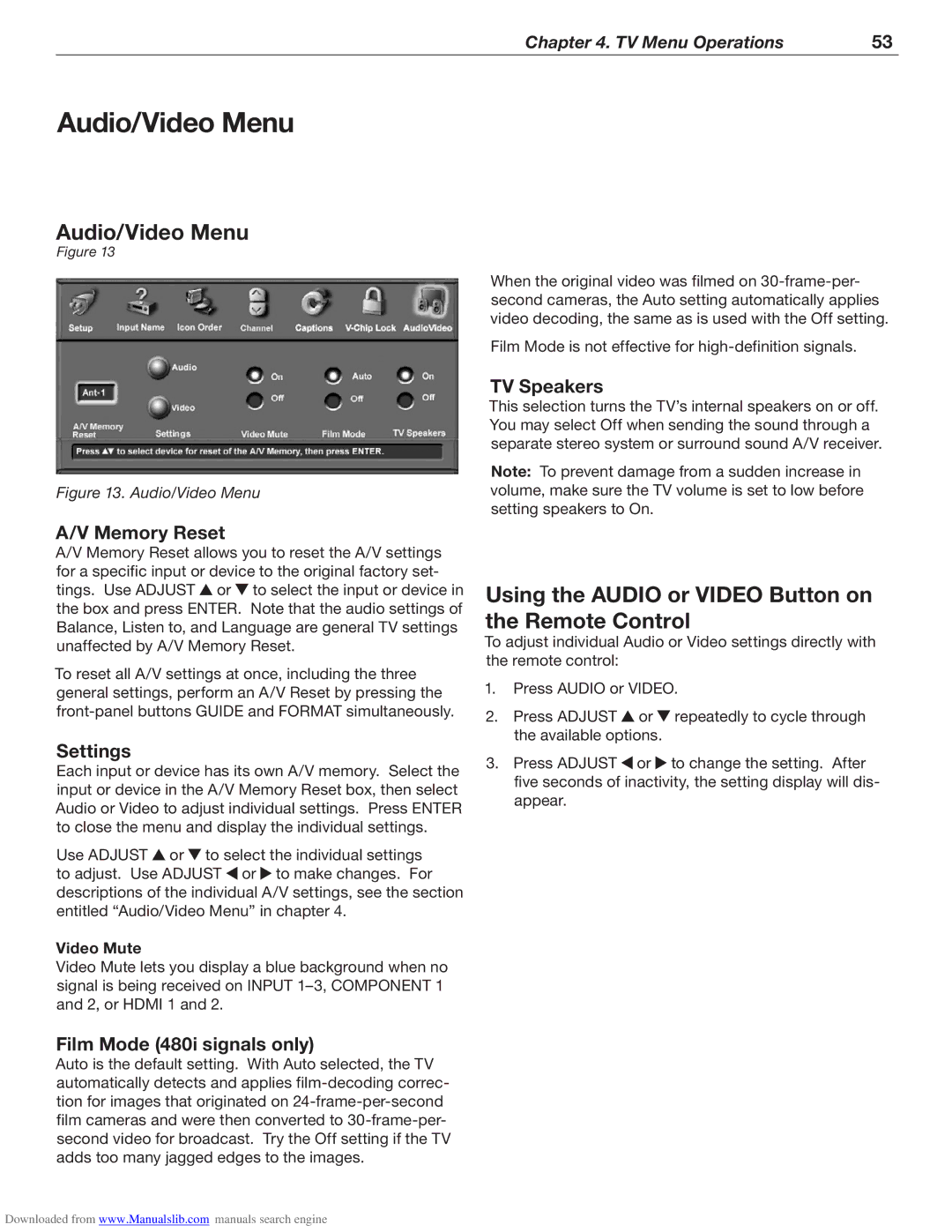 Mitsubishi Electronics WD-62526 manual Audio/Video Menu, Using the Audio or Video Button on the Remote Control 