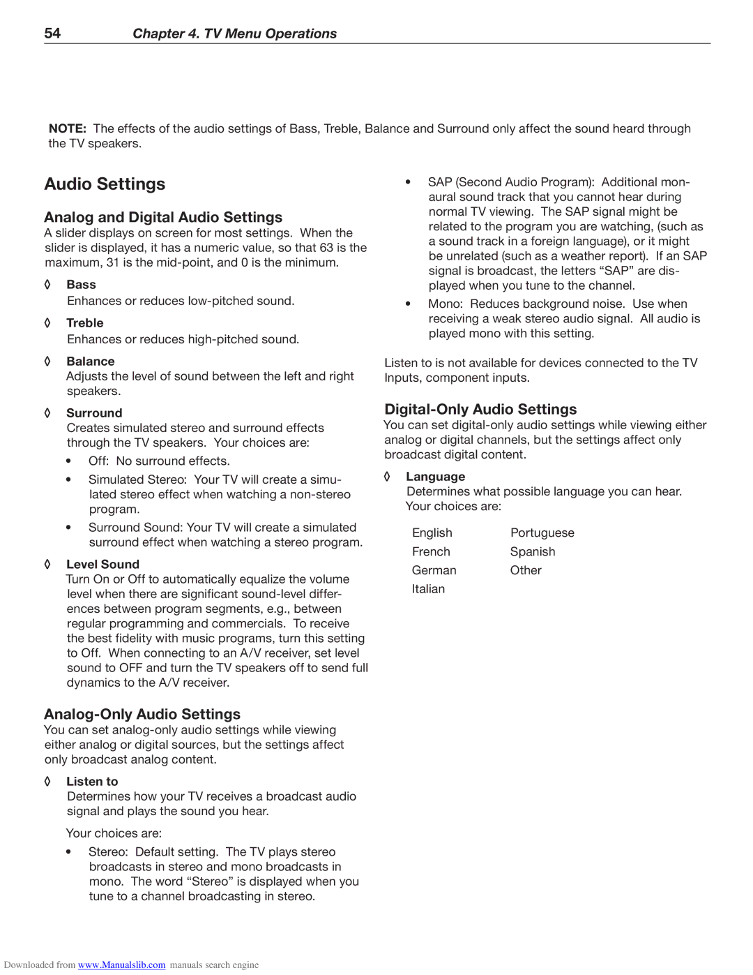 Mitsubishi Electronics WD-62526 manual Analog and Digital Audio Settings, Digital-Only Audio Settings 